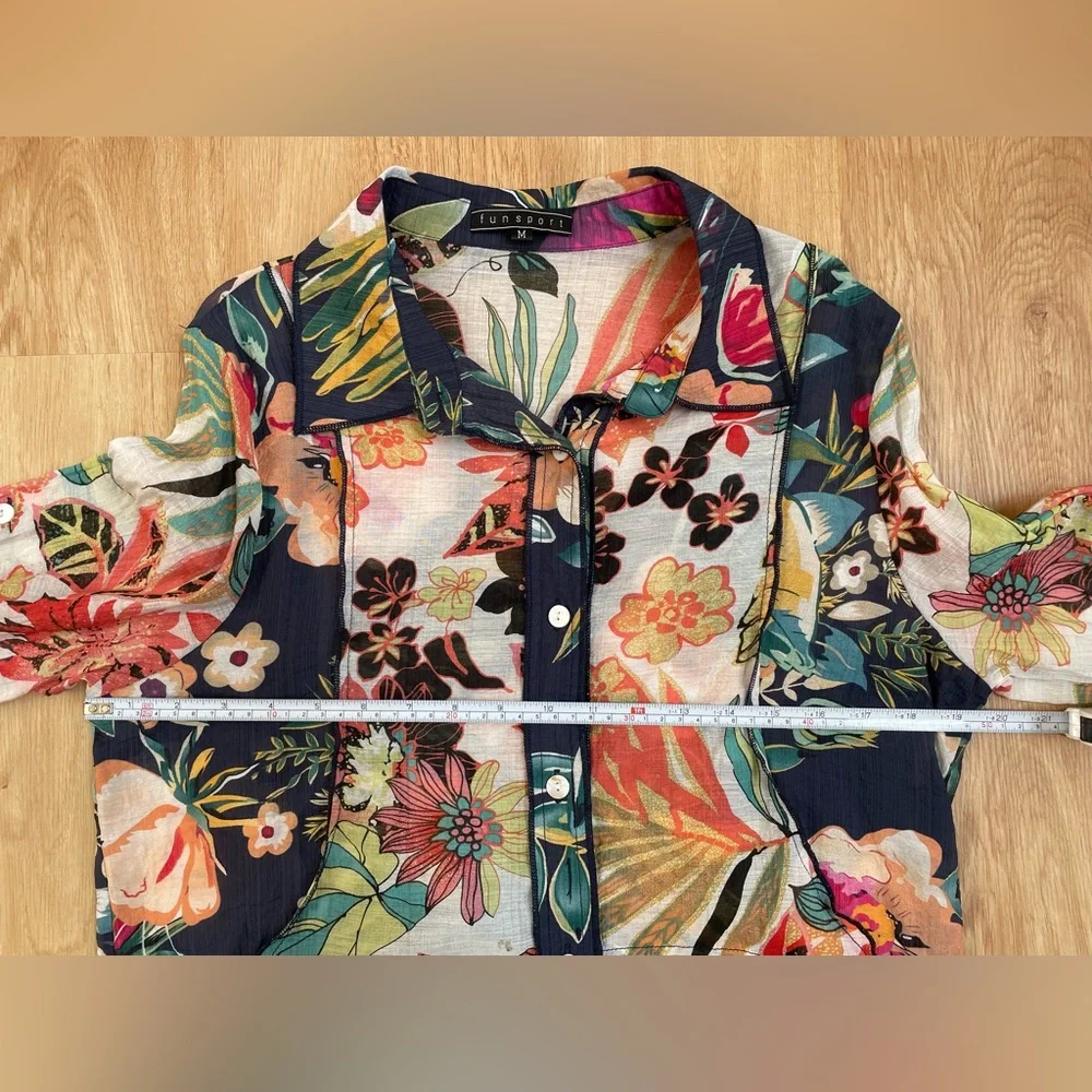 Floral patchwork blouse button down shirt tunic tropical Signals Funsport medium